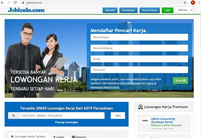 halaman utama dan pendaftaran Jobindo.com